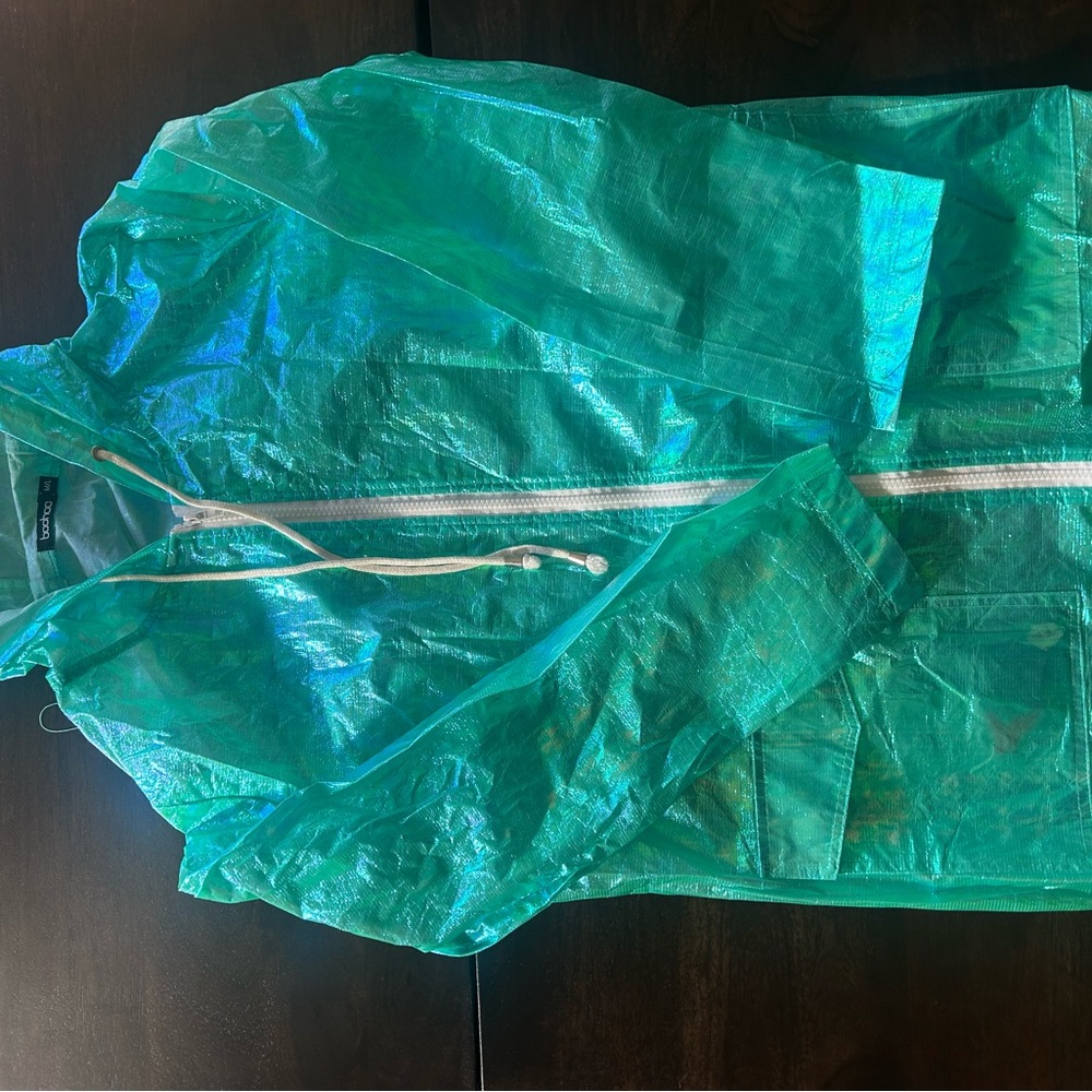 Iridescent Green Jacket with Hood and Full-Length Zipper